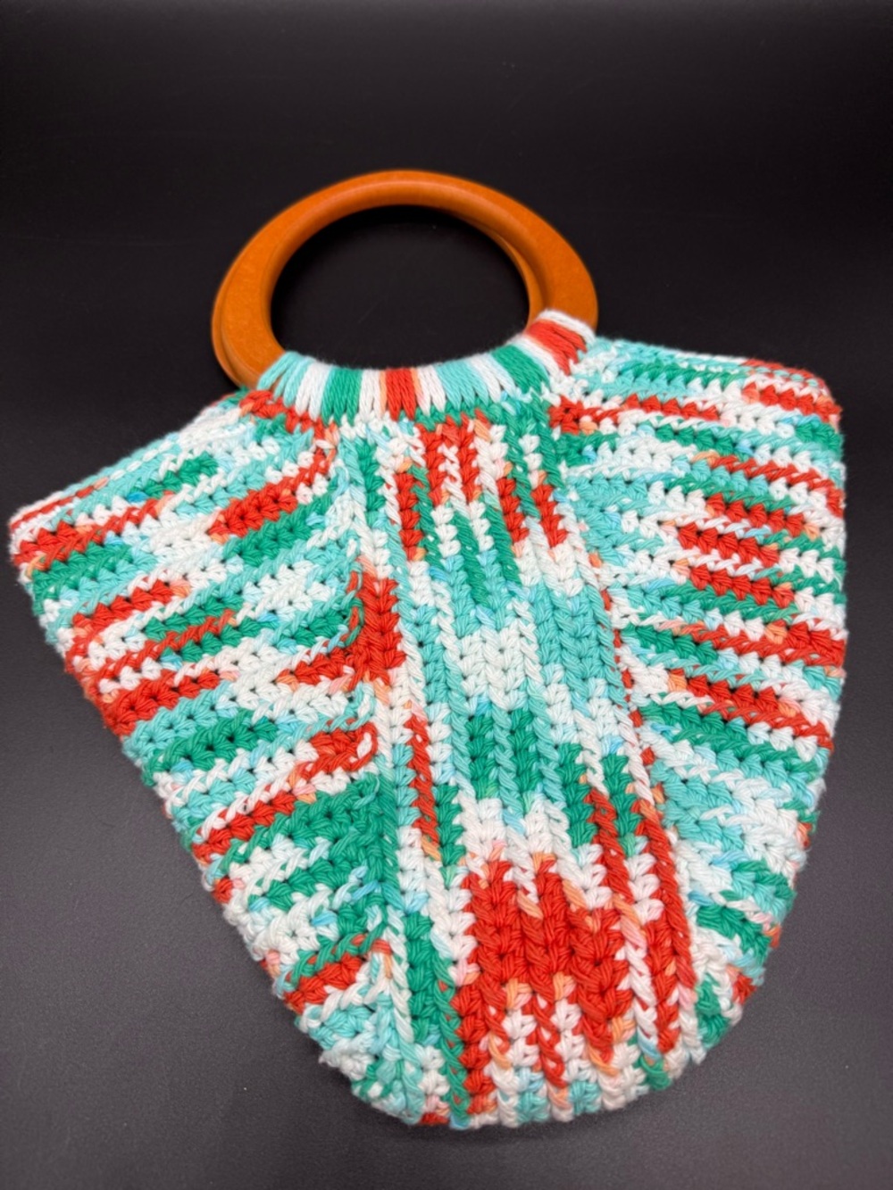 Handmade Crocheted Circle-Wooden Handle Tote Bag in Mint, Coral/ Orange & White